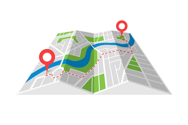 Stadtstraßenkartographie gefalteter papierkartenplan mit gps-standort-pins und navigationsroute zwischen punktmarkierungen. weg weg richtung konzept perspektivische ansicht isometrische vektor-illustration finden