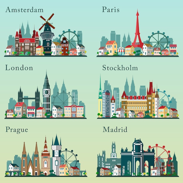 Städte Skylines gesetzt. flache Landschaften. Europäische Städte Stadtlandschaften