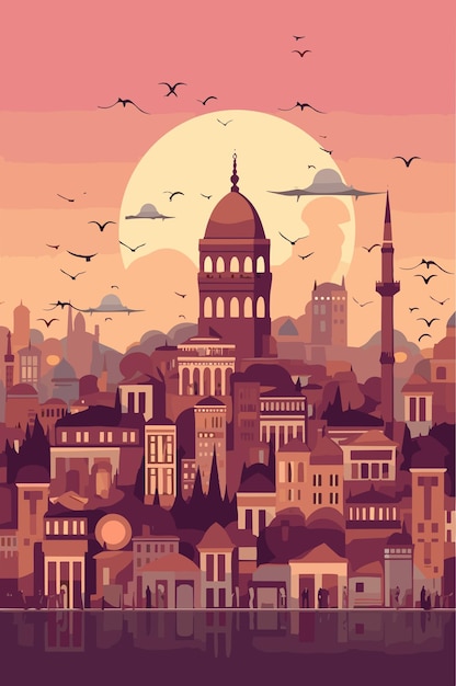 Vektor städtische landschaft der türkei am abend vektorflach-illustration
