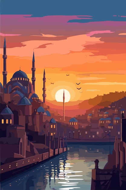 Städtische Landschaft der Türkei am Abend Vektorflach-Illustration
