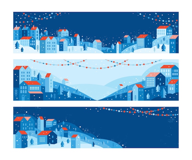 Städtische landschaft. neujahrs- und weihnachtswinterstadt mit girlanden. horizontales banner. platz für text