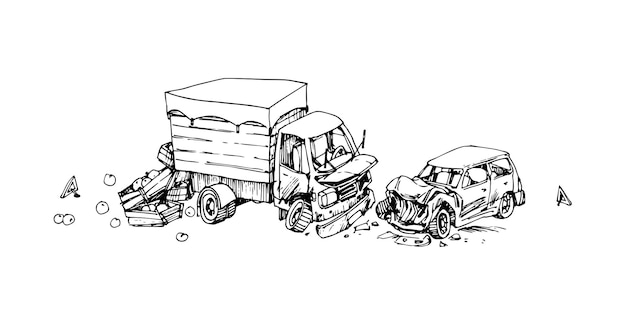 Städtischer verkehrsunfall. ein zerstörter lastwagen und ein pkw. in schwarzer tinte.