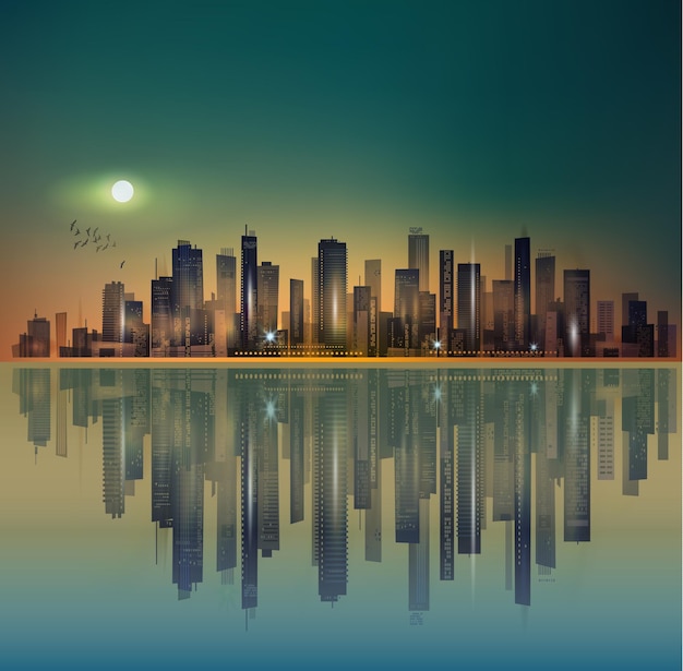 Städtisches Nachtstadtpanorama im Mondlicht oder Sonnenuntergang mit Spiegelung im Wasser