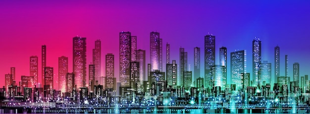 Städtisches Stadtbild bei Nacht Skyline-Stadtsilhouetten Stadthintergrund mit Architekturwolkenkratzern Megapolis-Gebäuden in der Innenstadt