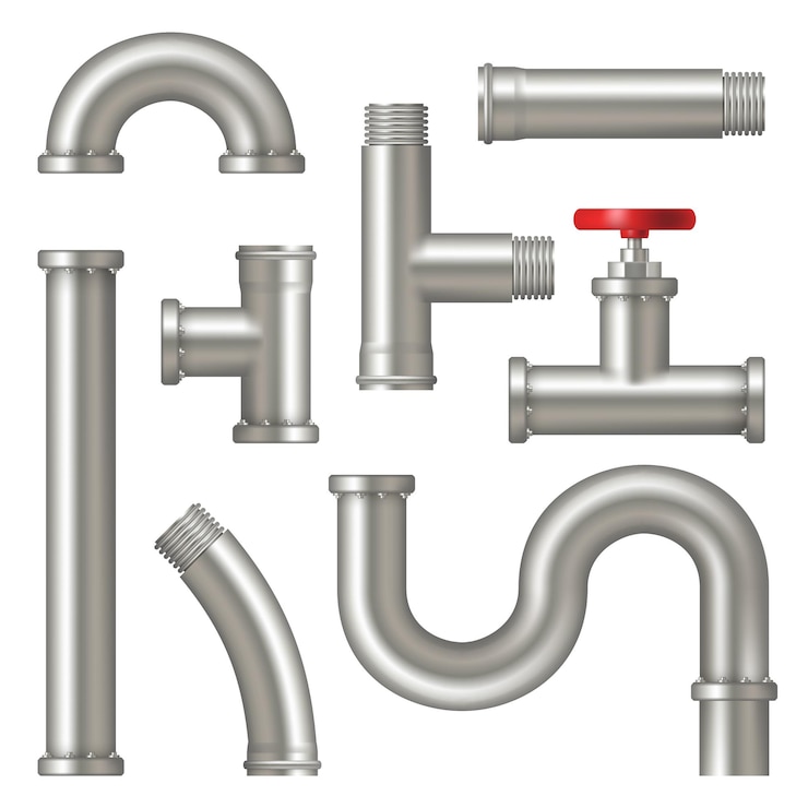 Vektor stahl röhren. realistisches bild von wasserrohrsystemen mit kränen, die fabrik-öl- oder gaspipelines vektor-set gekrümmt haben. rohrmetallstahl, rohrleitungsinstallationsillustration