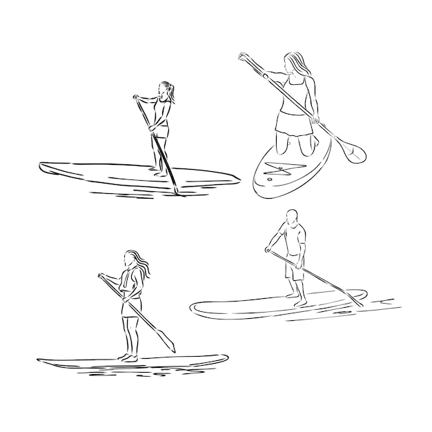Stand up paddle surfing boarding einzelne surferin mit paddle surfrider mädchen an bord paddelschwein