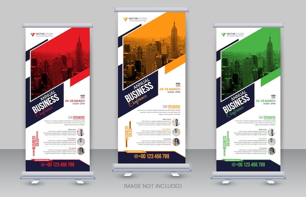 Standdesign für Unternehmenskonferenzen und Geschäftskonferenzen Roll-up-Banner voll redigierbar