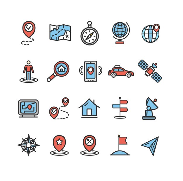 Vektor standort- und navigationszeichen farbe thin line icon set vector