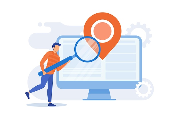 Standortbasierte Werbung GPS-App-Navigationssystem Geografische Suchadresse mit Lupe