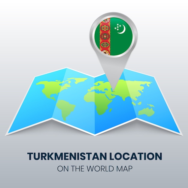 Standortikone von turkmenistan auf der weltkarte, rundes stiftikone von turkmenistan