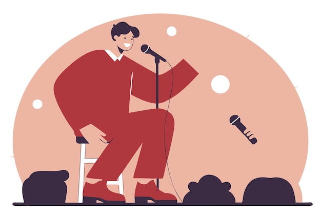 Standup-Comedian mit Mikrofon, der seine Komödie auftritt Standup-Komiker mit Mike, der Witze in einer Open-Mic-Show erzählt Live-Performer sitzt auf einem Hocker Flaches Konzept Illustrationskunst auf weißem Hintergrund