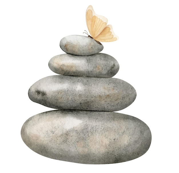 Stapel flacher Kieselsteine mit Schmetterling. Handgezeichnete Aquarellillustration balancierender grauer Steine auf isoliertem Hintergrund. Zeichnung von Steinen zur Meditation. Entspannende Skizze für Spa- oder Zen-Design