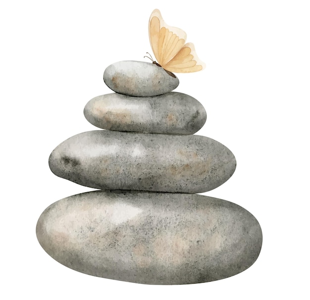 Vektor stapel flacher kieselsteine mit schmetterling. handgezeichnete aquarellillustration balancierender grauer steine auf isoliertem hintergrund. zeichnung von steinen zur meditation. entspannende skizze für spa- oder zen-design