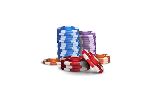 Stapel realistischer oranger, blauer, grüner, lila, roter und schwarzer leerer Chips für das Casino. Bunte Casino-Chips isoliert auf weißem Hintergrund