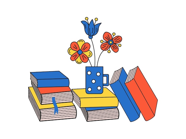 Vektor stapel von büchern, ein becher mit blumen, liebe zum lesen und lernen, konzept, büchersammlung, clipart