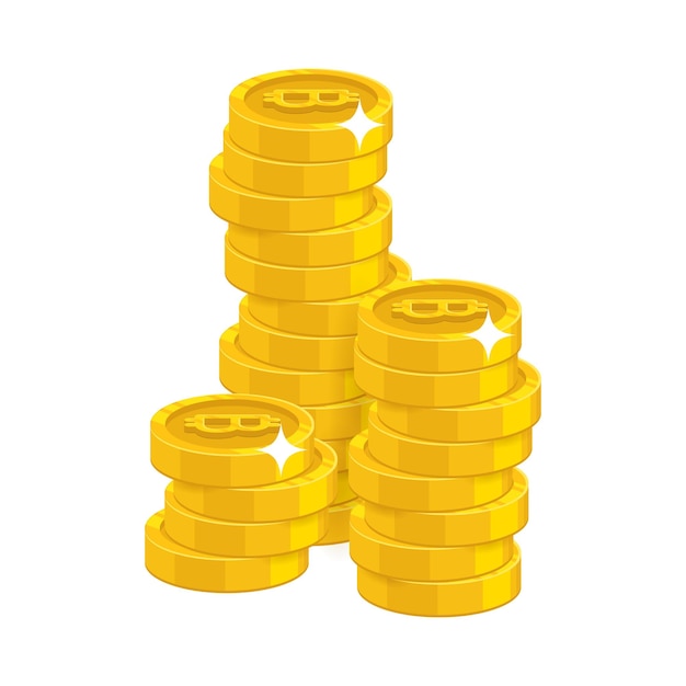 Vektor stapel von gold-bitcoins, isolierte cartoon-ikone. spalte mit gold-bitcoins und bitcoin-zeichen für designer und illustratoren. goldhaufen von stücken in form einer vektorillustration