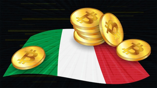 Stapel von Goldmünzen von Bitcoin BTC auf farbiger Flagge Italiens auf dunklem digitalen Hintergrund Die italienische Zentralbank verabschiedet Gesetze zu digitalen Vermögenswerten CBDC