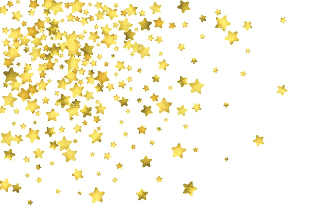 Star-Konfetti. Gold zufälliger Konfetti-Hintergrund. Leuchtende Design-Vorlage. Vektorweiße und gelbe Cover-Vorstellung. Geburtstags- oder Hochzeits-Einladungsvorlage. Abstract-Karte für Geschenke. Neujahrsgruß