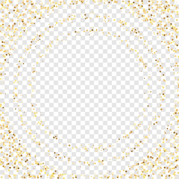 Star Sequin Confetti auf durchsichtigem Hintergrund. Weihnachtsfeierrahmen. Geschenkkartenvorlage. Vector Gold Glitter. Fallende Partikel auf dem Boden. Isolierte flache Geburtstagskarte. Golden Stars Banner.