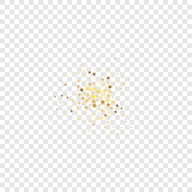 Star Sequin Confetti auf durchsichtigem Hintergrund. Weihnachtsfeierrahmen. Vector Gold Glitter. Fallende Partikel auf dem Boden. Isolierte flache Geburtstagskarte. Golden Stars Banner. Gutschein-Geschenkkartenvorlage.