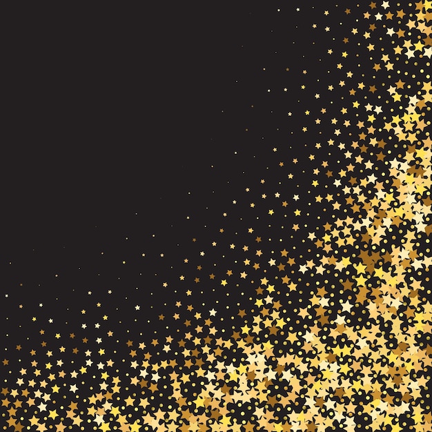 Star sequin confetti auf schwarzem hintergrund. gutschein-geschenkkartenvorlage. weihnachtsfeierrahmen. isolierte flache geburtstagskarte. golden stars banner. vector gold glitter. fallende partikel auf dem boden.