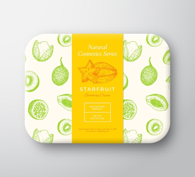 Starfruit badekosmetik-paket-box. abstrakter vektor eingewickelter papierbehälter mit aufkleberabdeckung. verpackungsdesign. moderne typografie und handgezeichnete exotische früchte hintergrundmuster-layout. isoliert