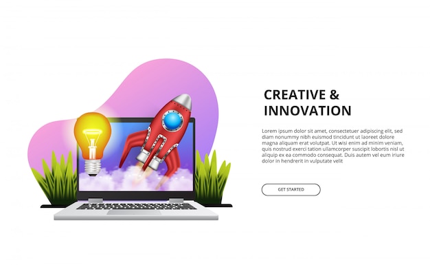 Starten sie kreative innovation mit illustration von laptop, rakete, licht.