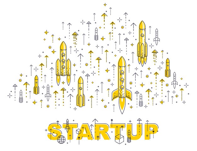 Startraketen starten, Weltraumraketen fliegen Start-up-Business-Konzept, Vektorillustration.