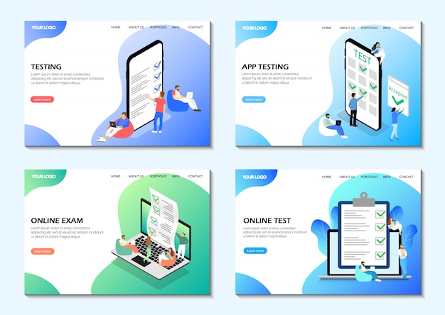 Startseiten. Online-Test, Online-Prüfung, App-Test. Satz von Webseiten.