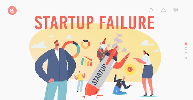 Startup Fail, Business Failure, Crash Landing Page Template. Geschäftsleute stehen bei brennender, abgestürzter Start-up-Rakete. Menschen traurig über den Start eines nicht funktionierenden Projekts. Cartoon-Vektor-Illustration