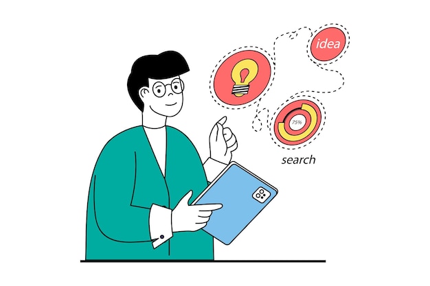 Startup-Geschäftskonzept mit Menschenszene im flachen Webdesign. Brainstorming eines Mannes zur Entwicklung einer Entwicklungsstrategie zur Gründung eines neuen Unternehmens. Vektorillustration für Social-Media-Banner-Marketingmaterial