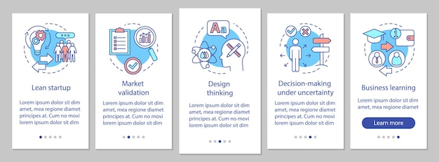 Startup-prinzipien beim onboarding des seitenbildschirms der mobilen app mit linearen konzepten. schritt für schritt grafische anweisungen zum erstellen von geschäftsabläufen. ux, ui, gui-vektorvorlage mit illustrationen