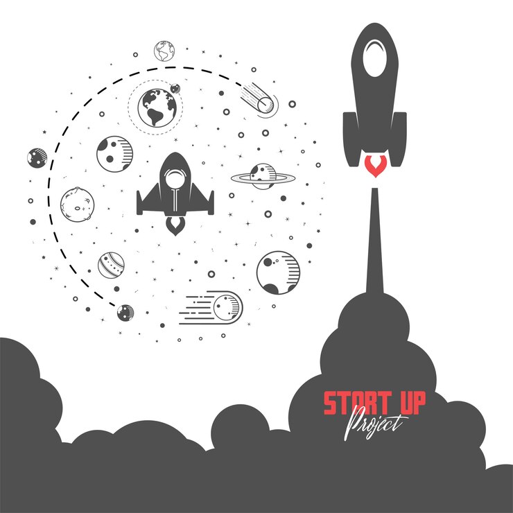 Startup-Projektkonzept. Flache Design-Raketen und Planeten im Weltraum, um Ihr Geschäft zu entwickeln. Illustration.