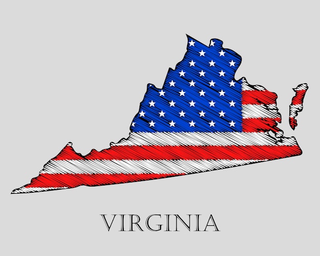 State virginia im scribble-stil - vektor-illustration. abstrakte flache karte von virginia mit der auferlegung der us-flagge.