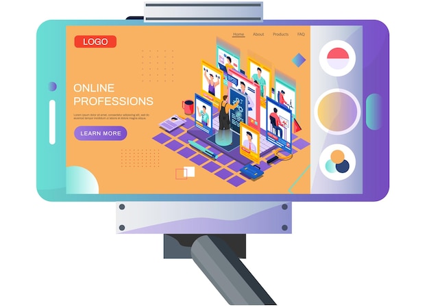 Vektor stativ mit smartphone und webseite zum thema online-berufe. männlicher arbeitnehmer wählt freie stelle auf jobsuchseite. spezialisten arbeiten aus der ferne. geschäftsplattform im internet mit einem angebot für telearbeit