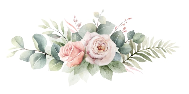 Staubige rosa Rosenblumen und Eukalyptuszweige Aquarell-Vektorblumenbucket