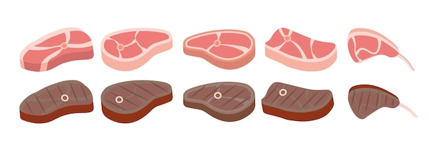 Steak Icon Set. Cartoon-Set. Cartoon-Rindfleischsteaks. Gegrilltes Steak, Rindfleisch und Filet Mignon
