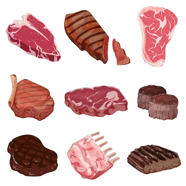 Vektor steak icons set. karikatursatz steakikonen