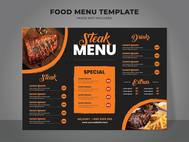 Steak Menüvorlage. Speisekarte für Restaurant und Café