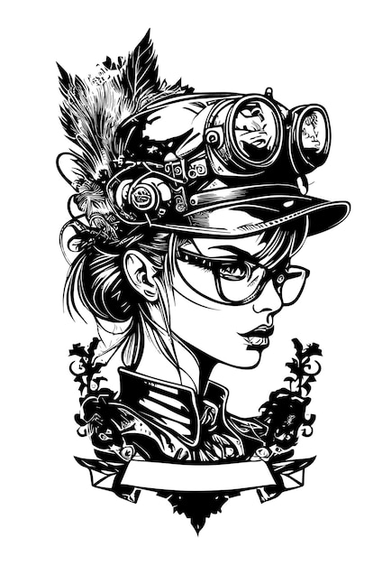 Steampunk schönes Mädchen mit Brille und Hutillustration