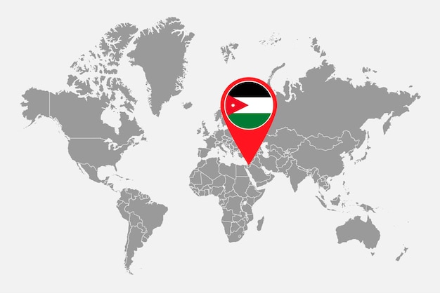 Stecknadelkarte mit Jordanien-Flagge auf Weltkarte Vektorillustration