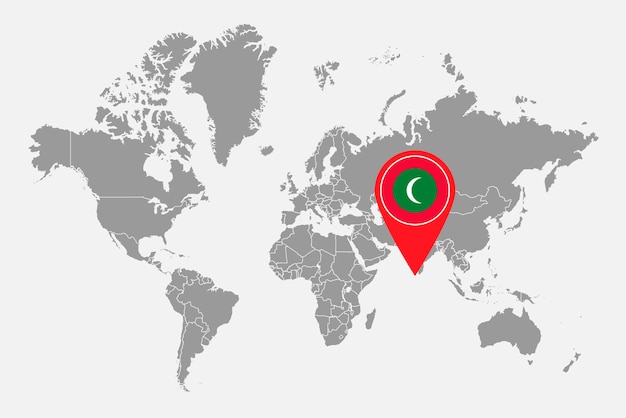 Stecknadelkarte mit Malediven-Flagge auf Weltkarte Vektorillustration