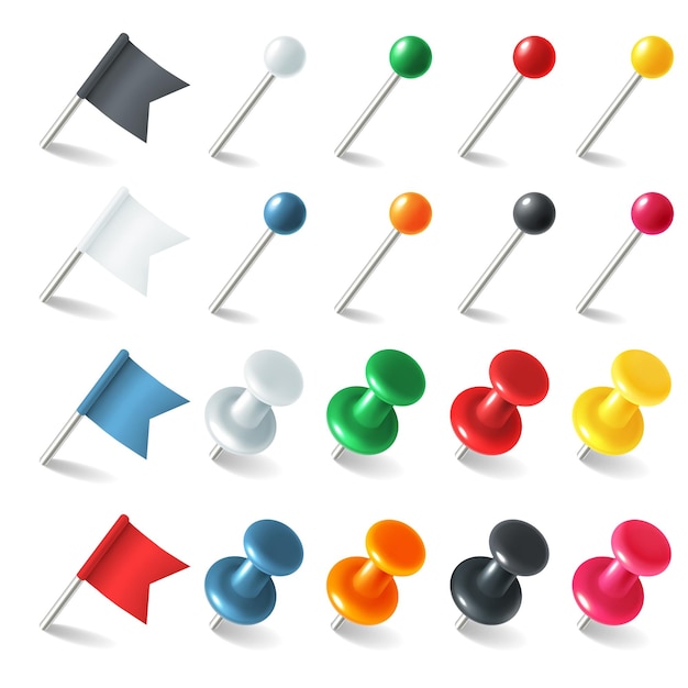 Stecknadeln, Reißzwecken, Flaggen, Zeiger, farbige Markierung, Stecknadelflagge, 3D-Reißzwecken, Reißzwecken zum Anbringen von Notizen, Kunststoffknöpfe mit metallischen Nadeln, Stecknadeln, Kartenmarkierungen, Büromaterial, Vektorrealistisches isoliertes Set