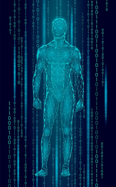 Stehender Cyberspacebinärcode des humanoiden androiden Mannes, Roboter künstlich