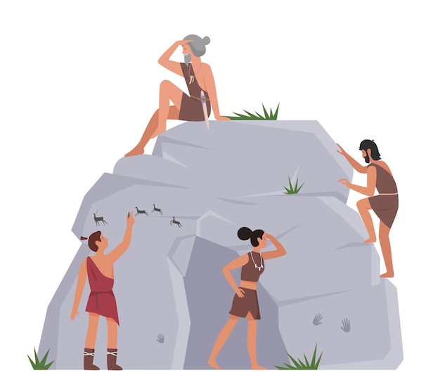 Vektor steinzeitmenschen primitive menschen auf großem felsen alte lebensstil vektor-illustration