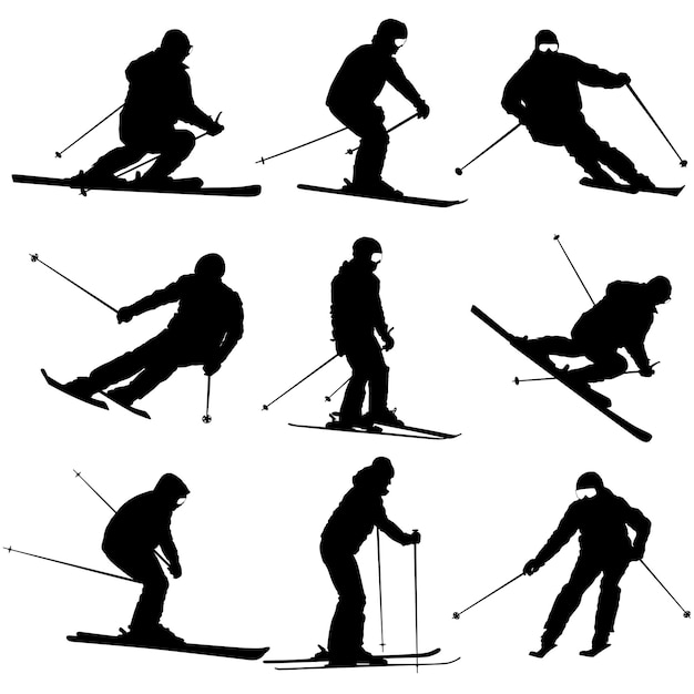Stellen Sie Bergskifahrer ein, der den Hang hinunter beschleunigt. Vektor-Sport-Silhouette