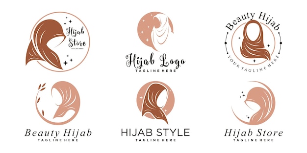 Stellen sie bündel des muslimah hijab-logodesigns mit modernem konzept premium-vektor ein