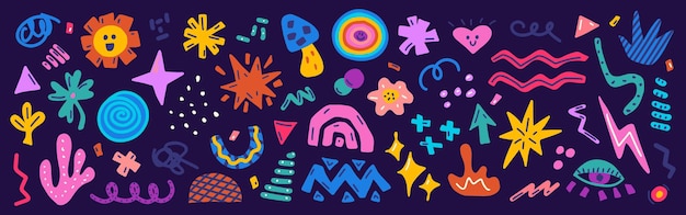 Stellen Sie bunte handgezeichnete Formen ein, kritzeln Sie Objekte, abstrakte Elemente, modernes Design, Vektorillustration