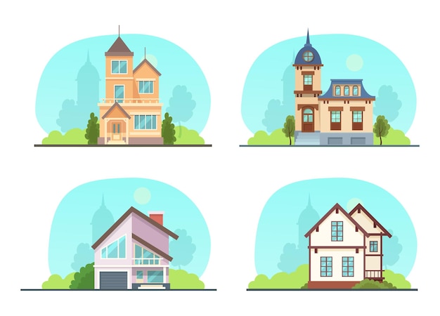 Stellen sie bunte ländliche stadthäuser mit dach, vorstadthäuschen, gästehaus, herrenhaus, reihenhaus, hausziegel, gebäude ein. mehrfamilienhaus mit fassade. immobilien-vektor-illustration isoliert.