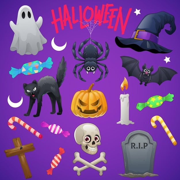 Stellen Sie Cartoon-Zeichnung von Halloween-Objekten ein